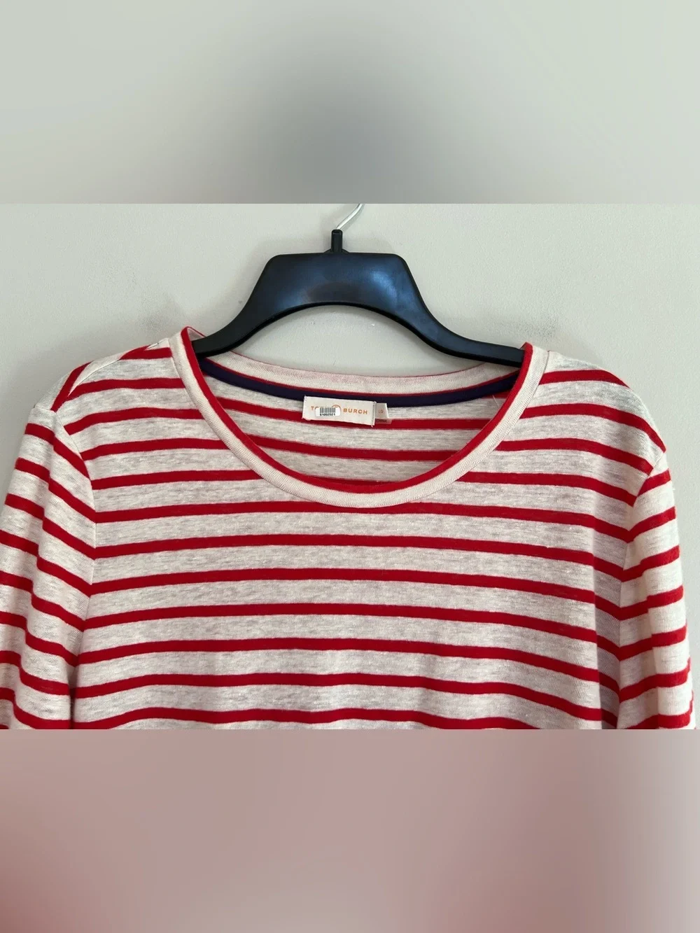 Tory Burch Res Striped Linen Jersey Long Sleeved Crew Neck Pullover, size Large